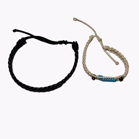 Friendship Bracelet Leather Hemp Woven Beaded Lot of 2 Fashion Jewelry Unisex - Picture 2 of 5